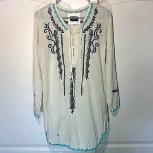 Johnny Was Biya Embroidered Cotton Tunic Shirt Boho Hippie Cream Button Women XS